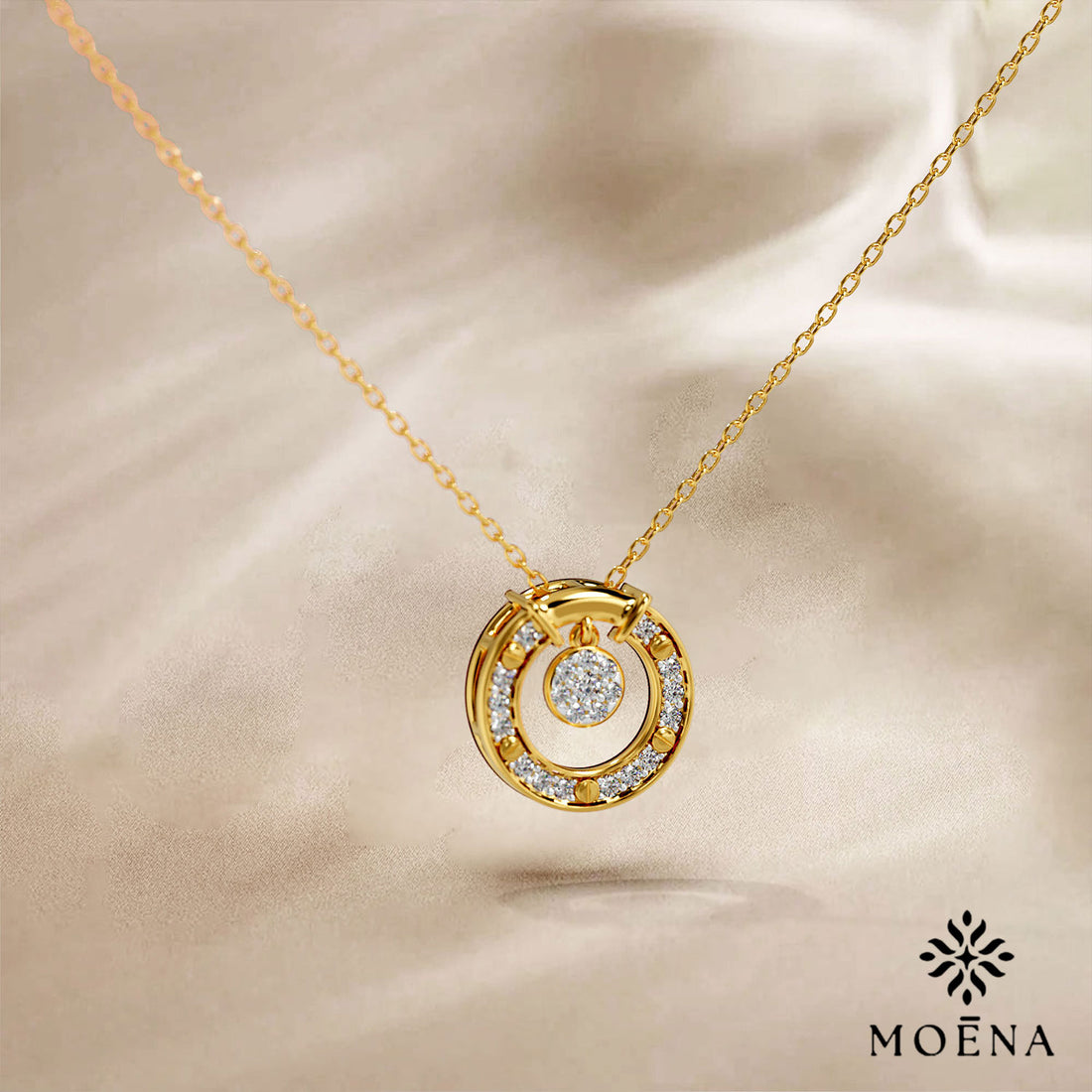 Sparkling Circle Pendant Necklace(With Chain) - Standard View in 14kt Gold - Diamond Pendant by Moena