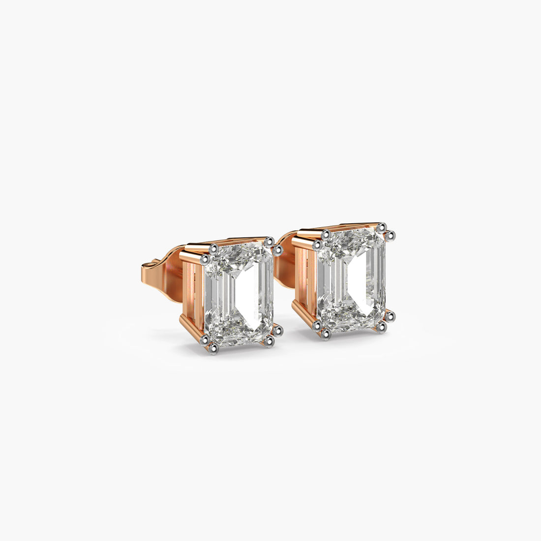 Grandeur Emerald Studs - 3D View in Rose Gold - Emerald Diamond Stud by Moena