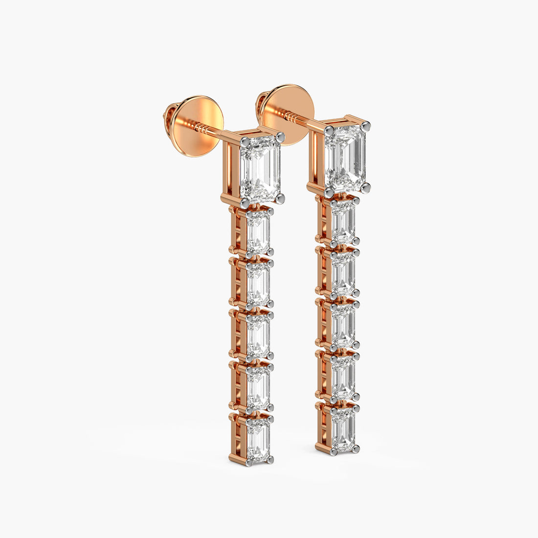 Emerald Cut Drama Drops - 3D View in Rose Gold - Emerald Diamond Jewellery by Moena