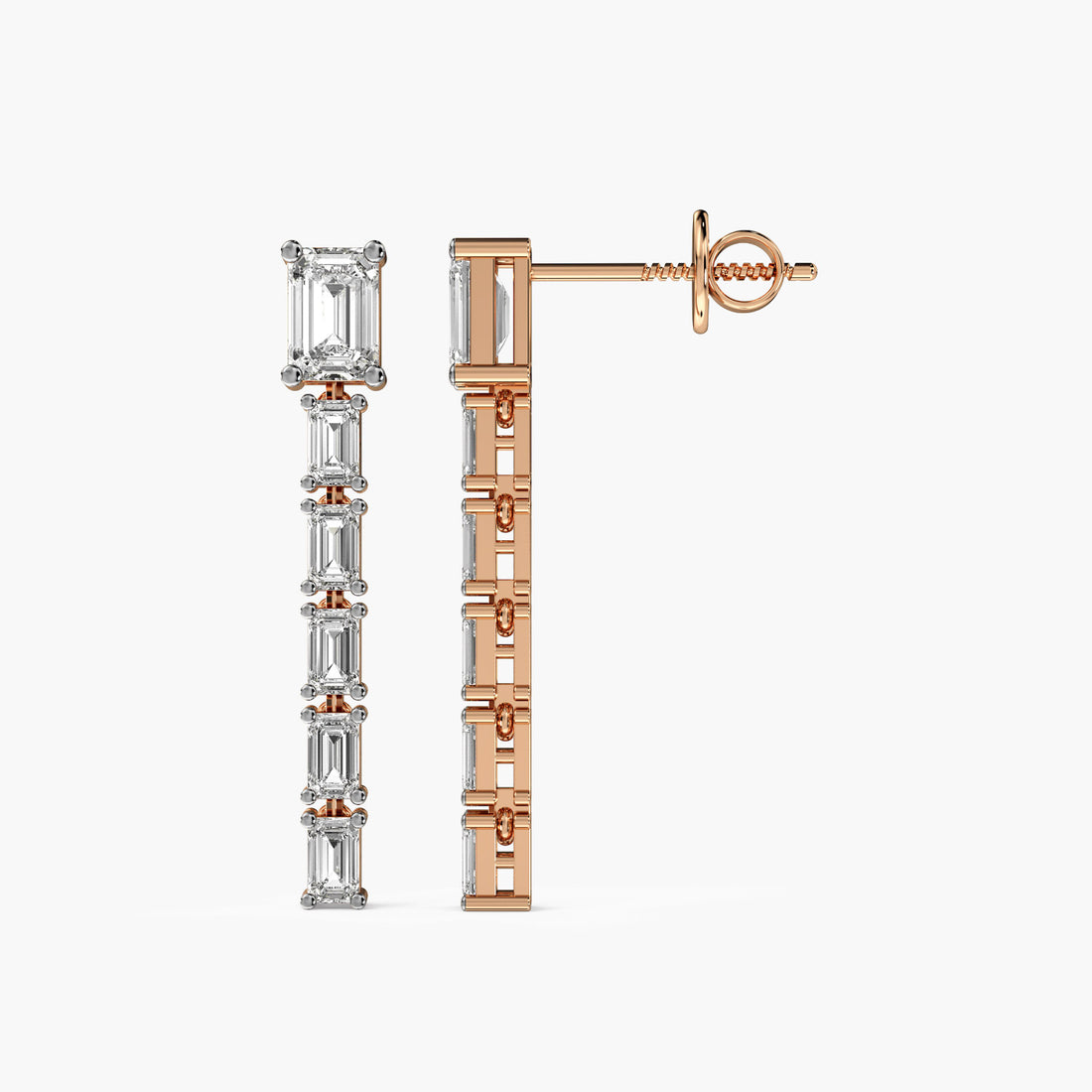 Emerald Cut Drama Drops - Side View in Rose Gold - Emerald Diamond Jewellery by Moena