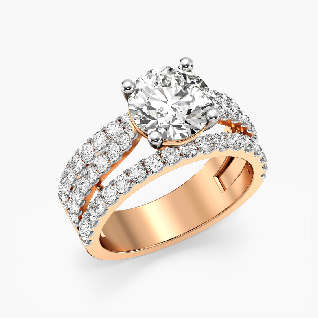 Triple Row Solitaire Engagement Ring - 3D View in Rose Gold - Diamond Ring by Moena