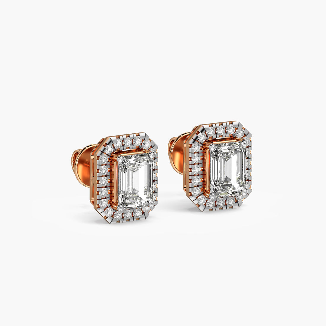 Regal Radiant Studs - 3D View in Rose Gold - Radiant Diamond Stud by Moena