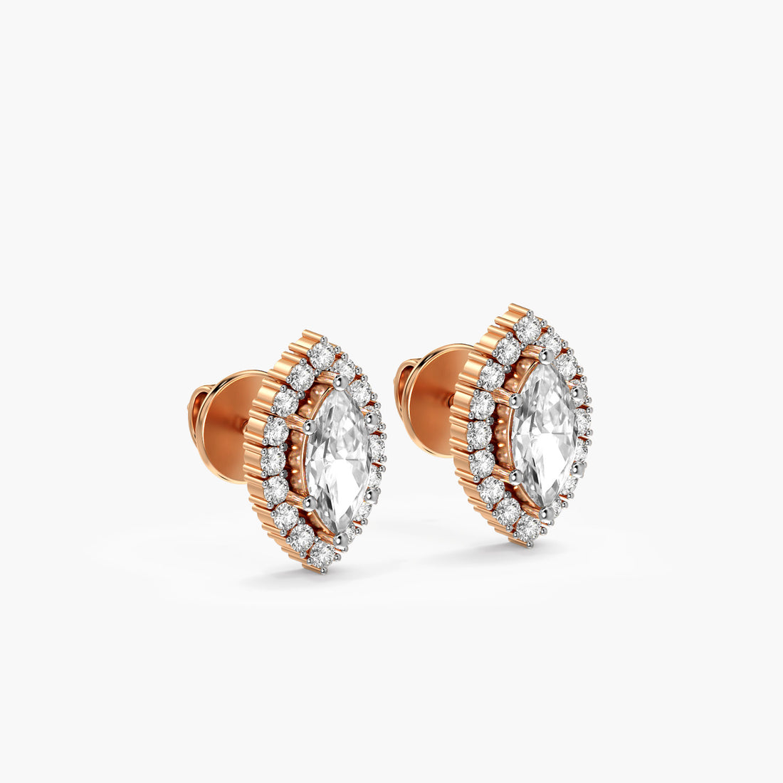 Radiant Marquise Halo Studs - 3D View in Rose Gold - Marquise Diamond Stud by Moena