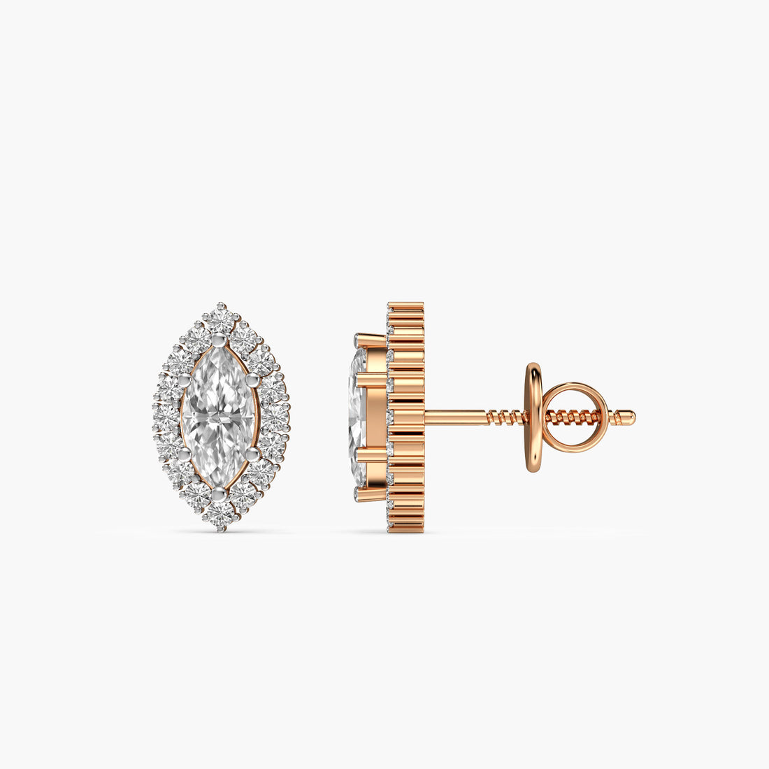 Radiant Marquise Halo Studs - Side View in Rose Gold - Marquise Diamond Stud by Moena