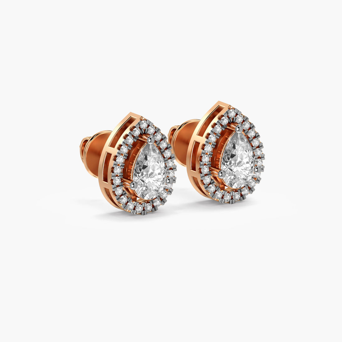 Pear Halo Diamond Studs - 3D View in Rose Gold - Pear Diamond Stud by Moena
