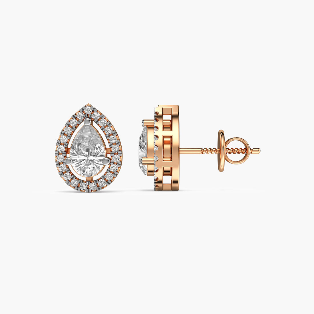 Pear Halo Diamond Studs - Side View in Rose Gold - Pear Diamond Stud by Moena