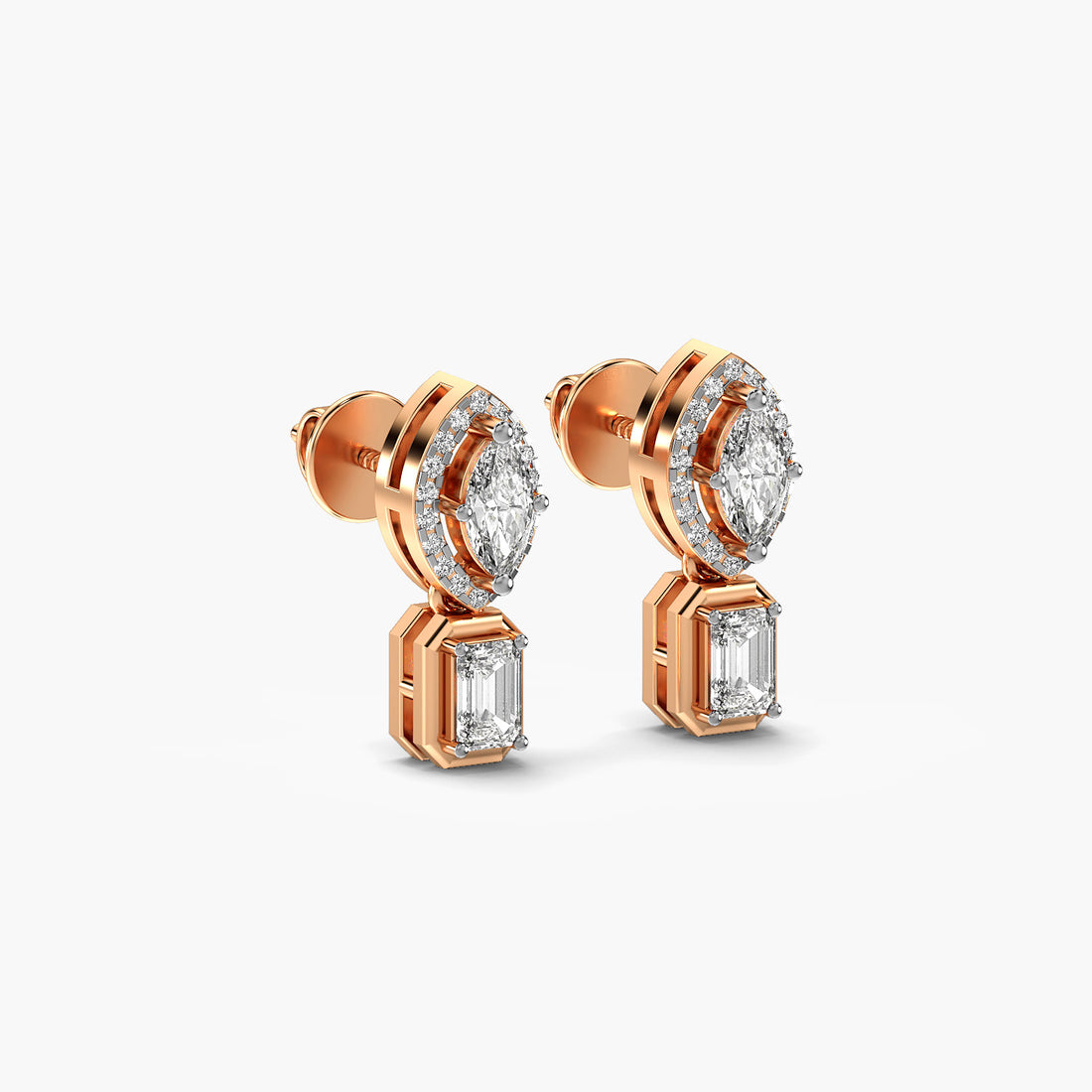 Radiant Drop Solitaire Earrings - 3D View in Rose Gold - Radiant Diamond Earring by Moena