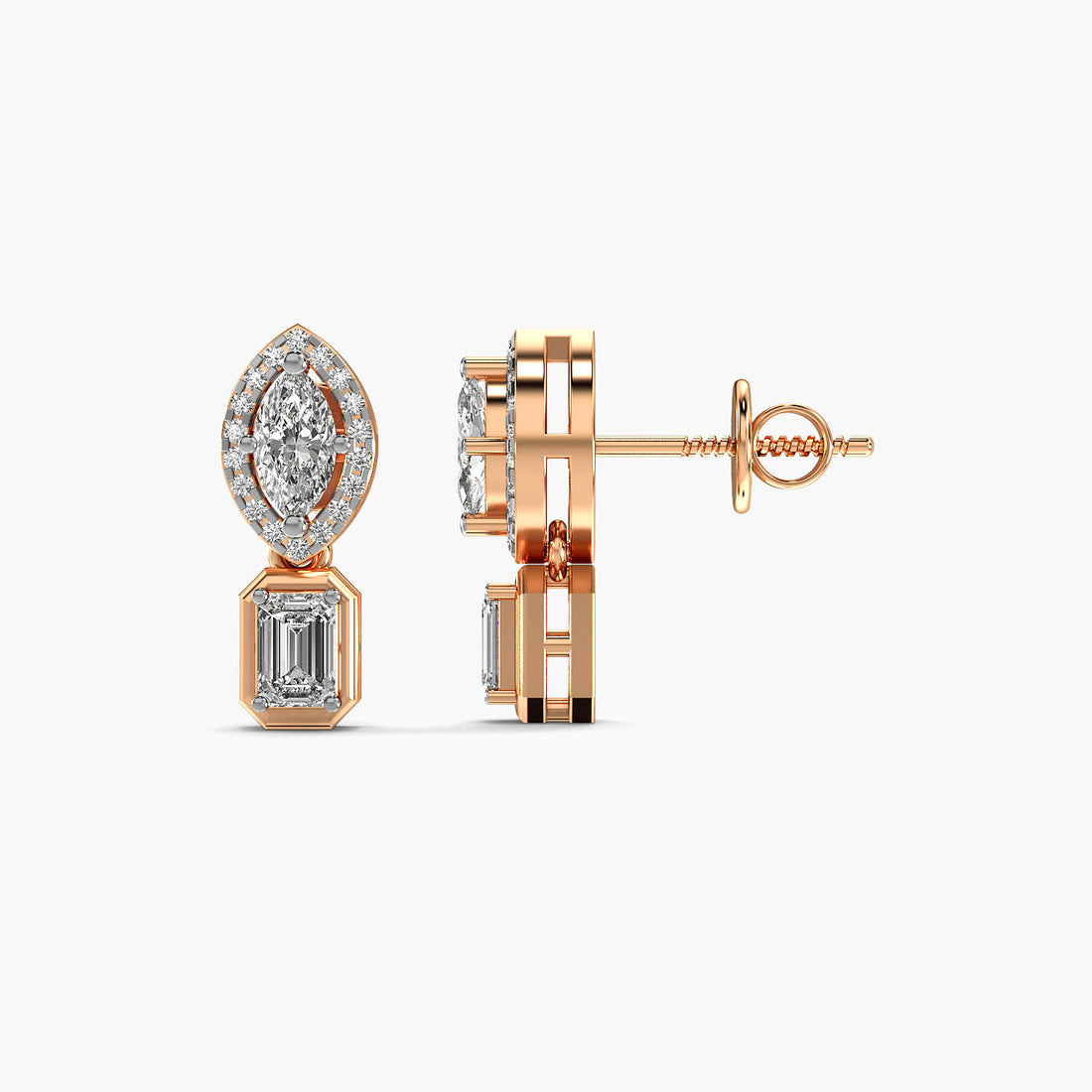 Radiant Drop Solitaire Earrings - Side View in Rose Gold - Radiant Diamond Earring by Moena