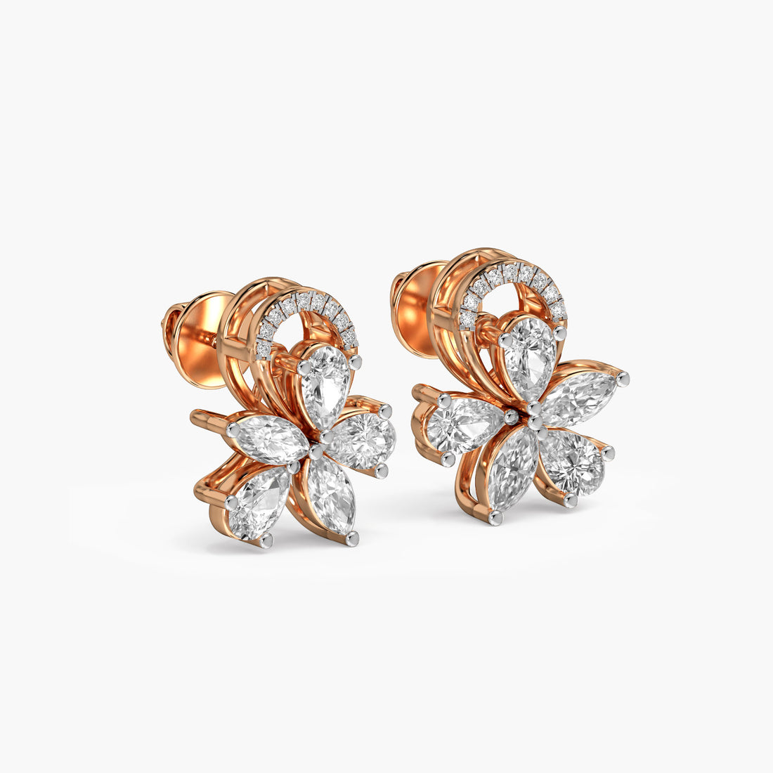 Petal Cluster Diamond Studs - 3D View in Rose Gold - Diamond Stud by Moena
