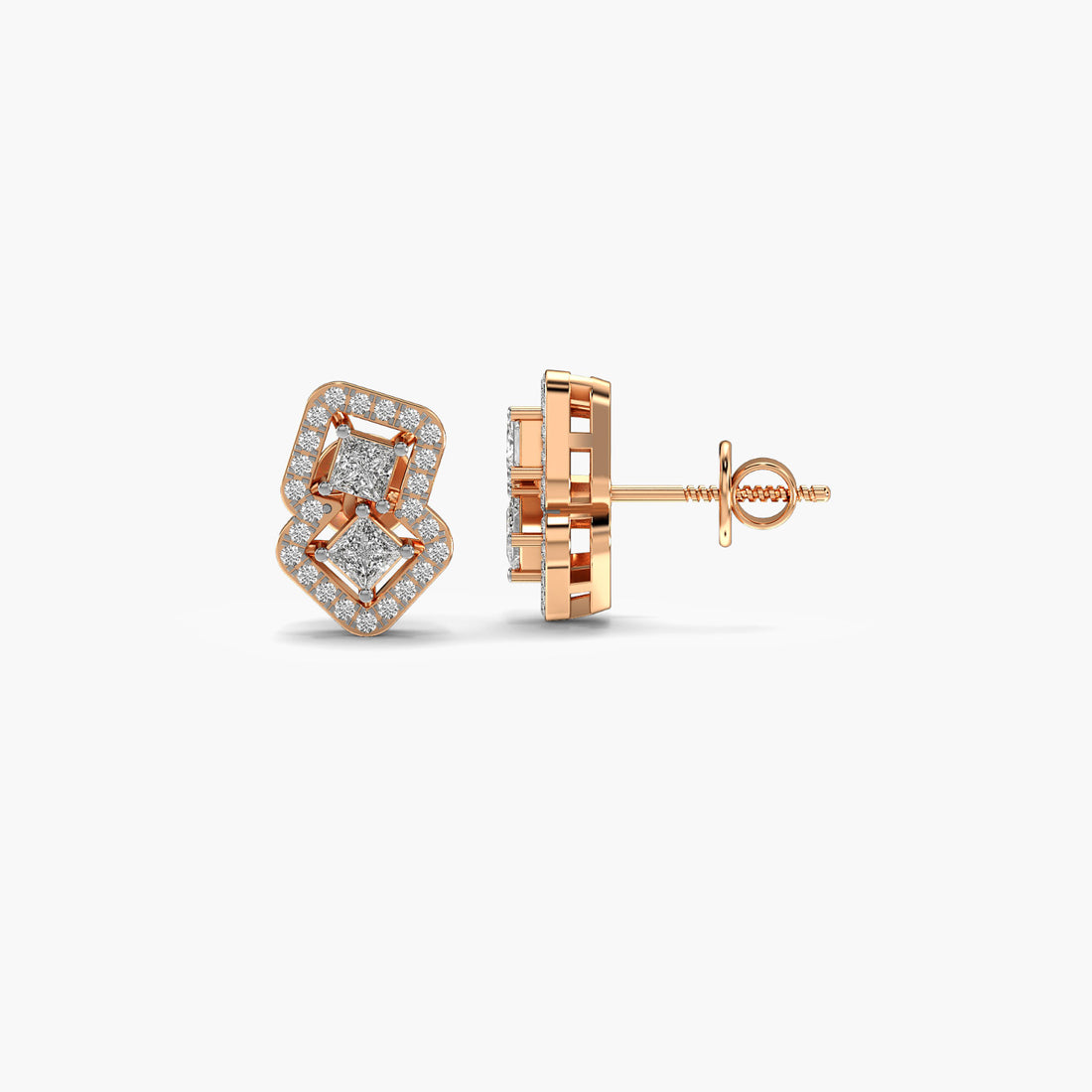 Radiant Dual Diamond Motif Earrings - Side View in Rose Gold - Radiant Diamond Earring by Moena