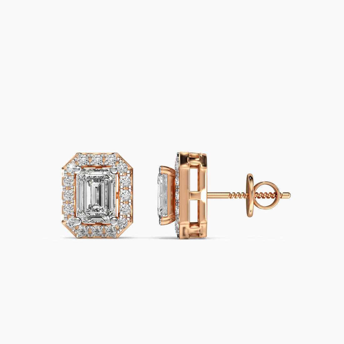 Emerald Halo Studs - Side View in Rose Gold - Emerald Diamond Stud by Moena