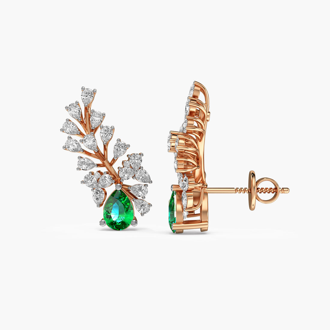 Emerald Leaf Climber Earrings - Side View in Rose Gold - Emerald Diamond Earring by Moena