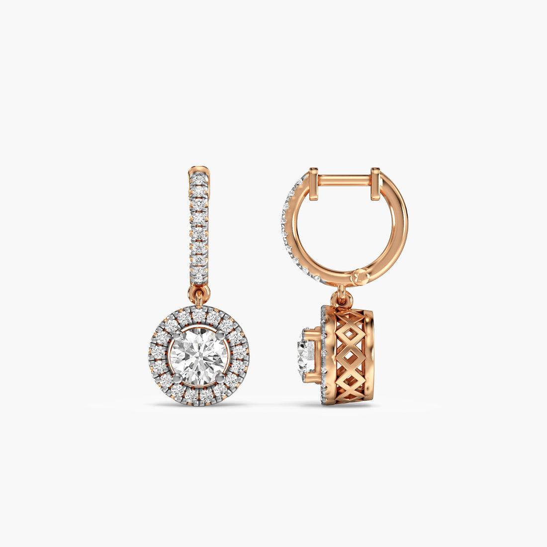Halo Drop Earrings - Side View in Rose Gold - Diamond Earring by Moena