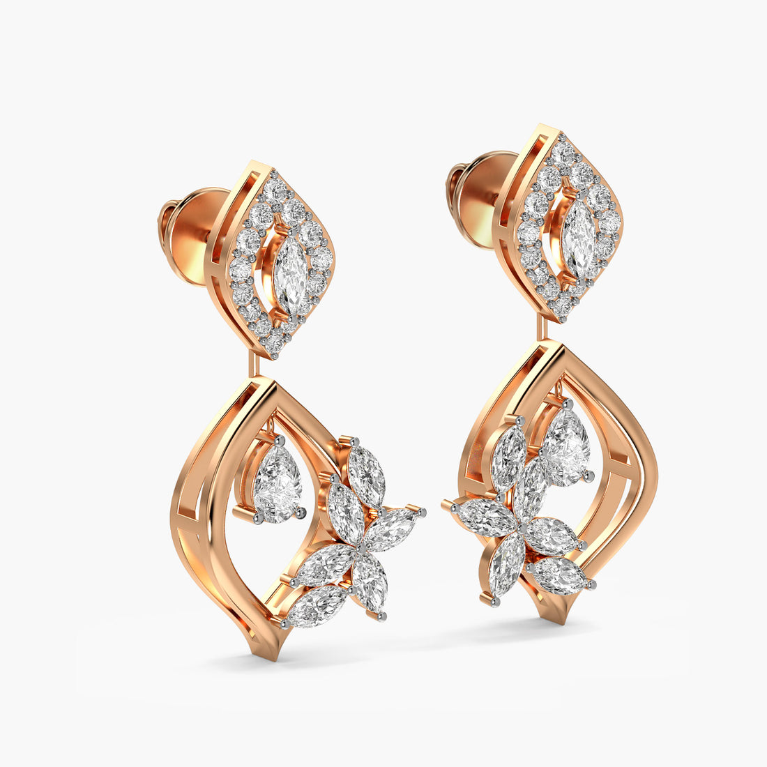 Floral Cascade Drops - 3D View in Rose Gold - Diamond Jewellery by Moena