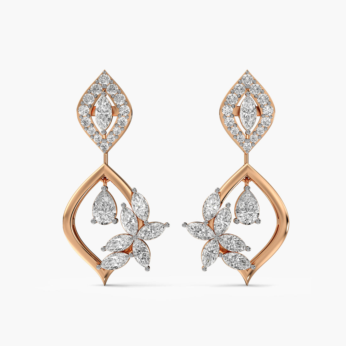 Floral Cascade Drops - Front View in Rose Gold - Diamond Jewellery by Moena