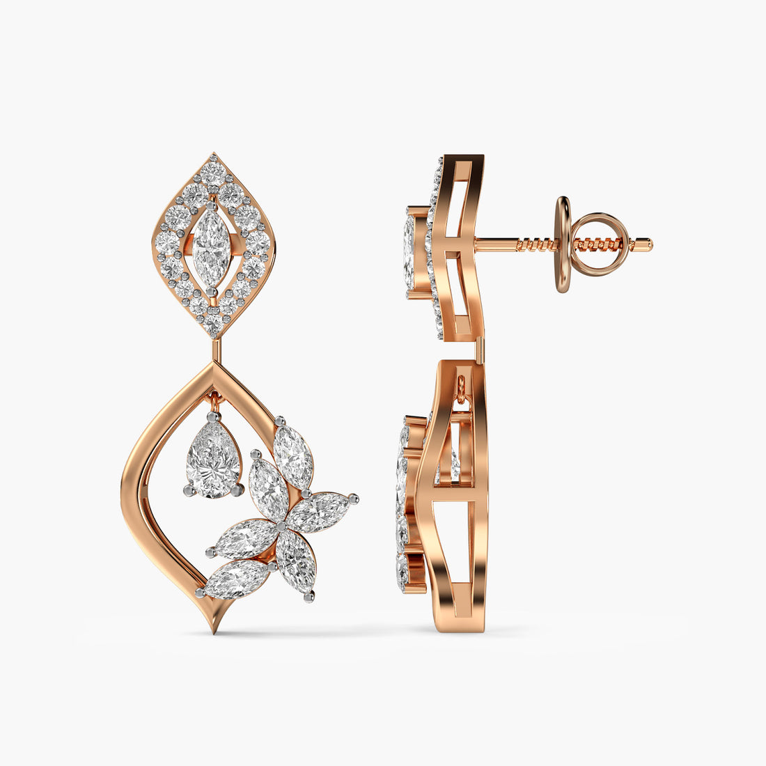 Floral Cascade Drops - Side View in Rose Gold - Diamond Jewellery by Moena
