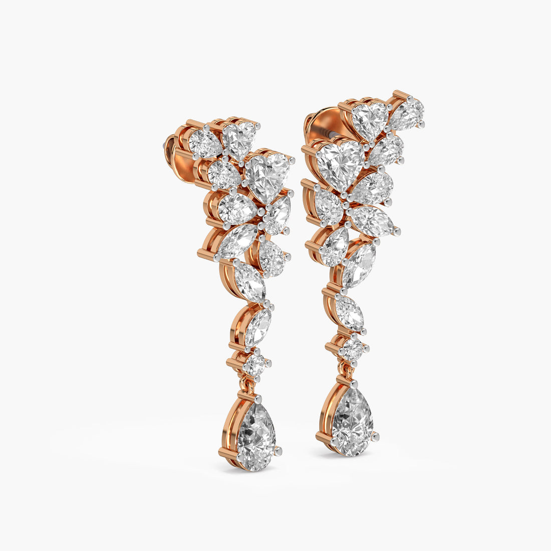 Cascade Sparkle Danglers - 3D View in Rose Gold - Diamond Jewellery by Moena
