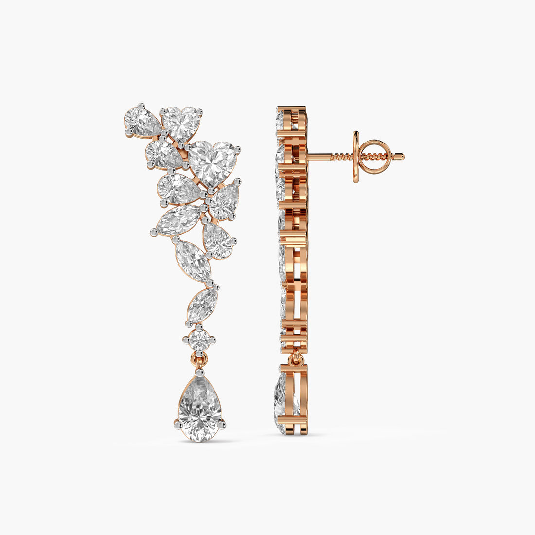 Cascade Sparkle Danglers - Side View in Rose Gold - Diamond Jewellery by Moena