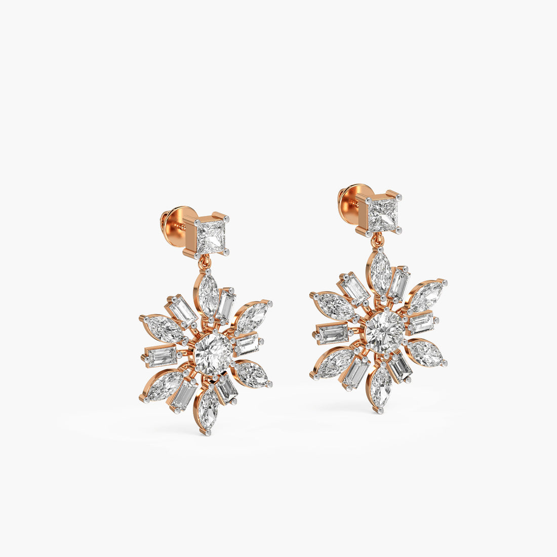 Snowburst Diamond Danglers - 3D View in Rose Gold - Diamond Jewellery by Moena