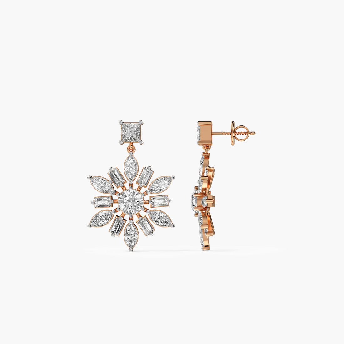 Snowburst Diamond Danglers - Side View in Rose Gold - Diamond Jewellery by Moena