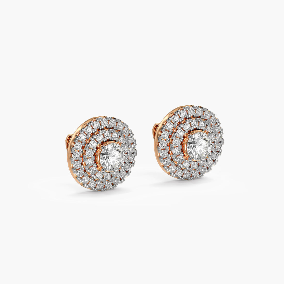 Classic Round Diamond Halo Studs - 3D View in Rose Gold - Round Diamond Stud by Moena