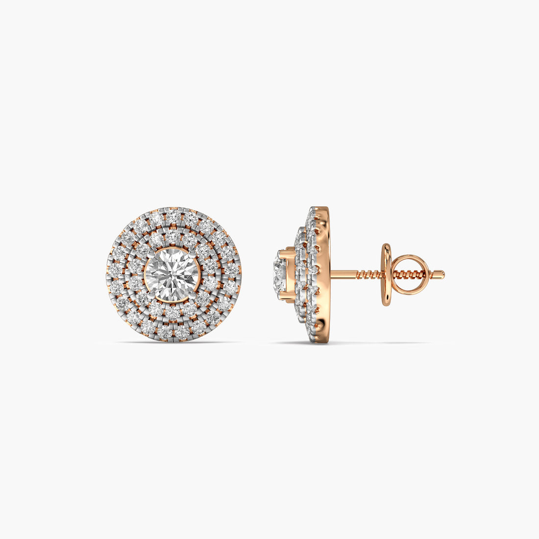 Classic Round Diamond Halo Studs - Side View in Rose Gold - Round Diamond Stud by Moena
