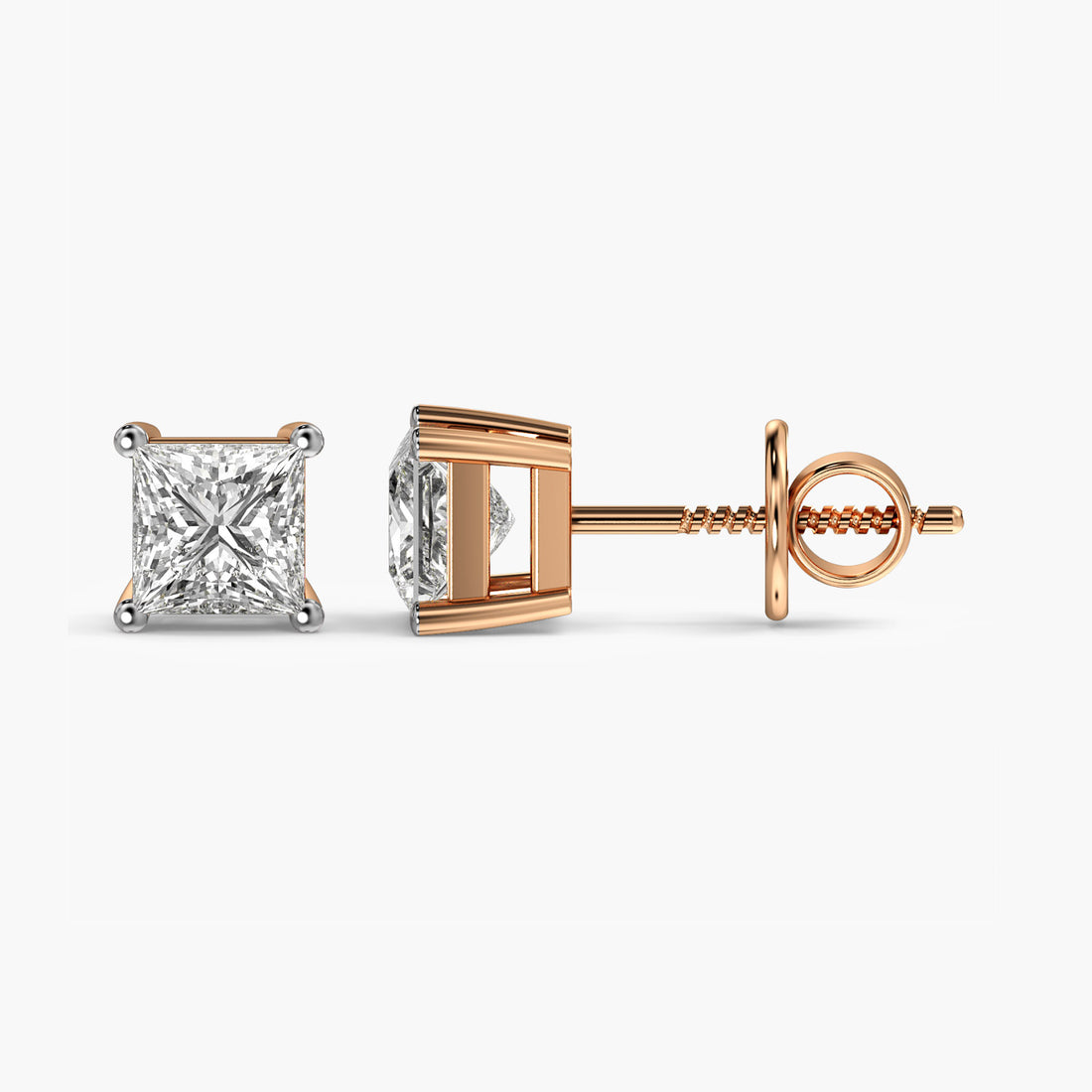 Princess-Cut Lab-Grown Diamond Studs - Side View in Rose Gold - Princess Diamond Stud by Moena
