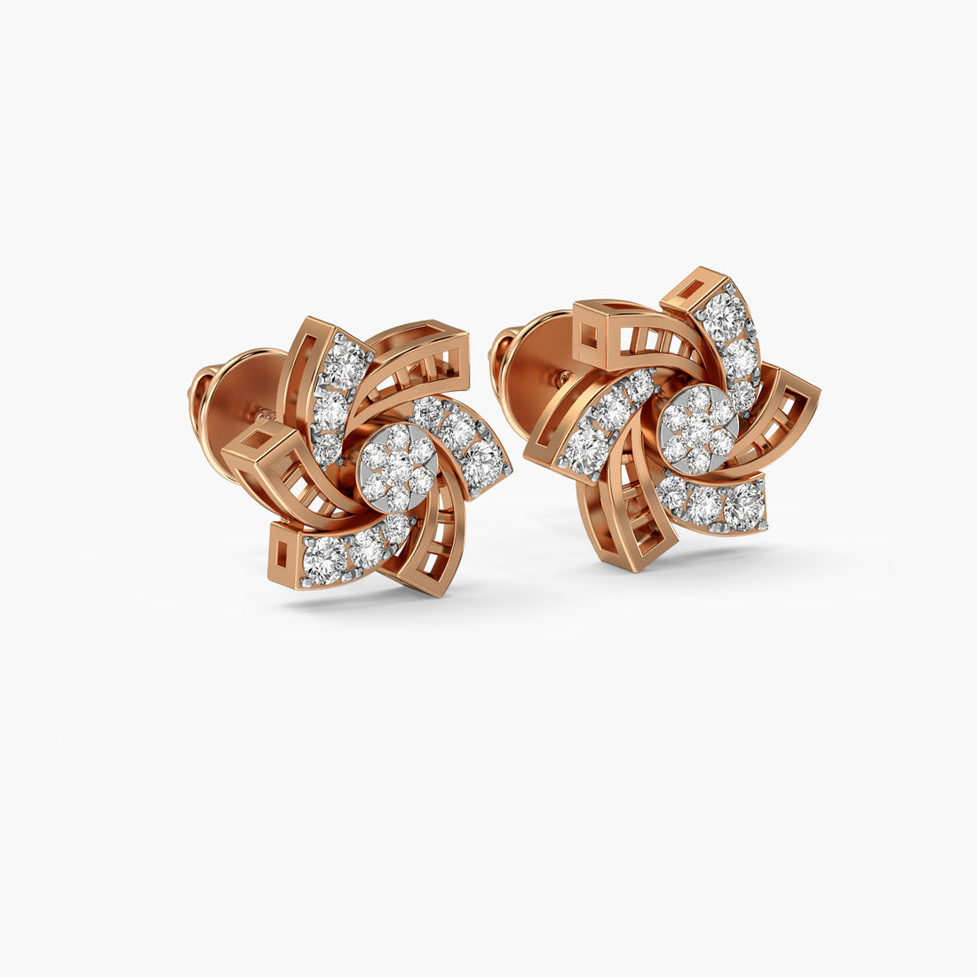 Spiral Bloom Lab-Grown Diamond Studs - 3D View in Rose Gold - Diamond Stud by Moena