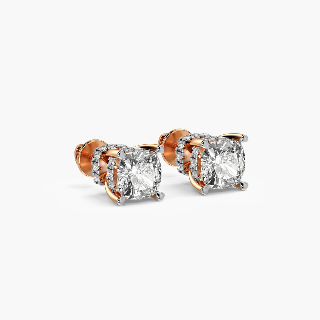 Cushion-Cut Solitaire Earrings - 3D View in Rose Gold - Cushion Diamond Earring by Moena