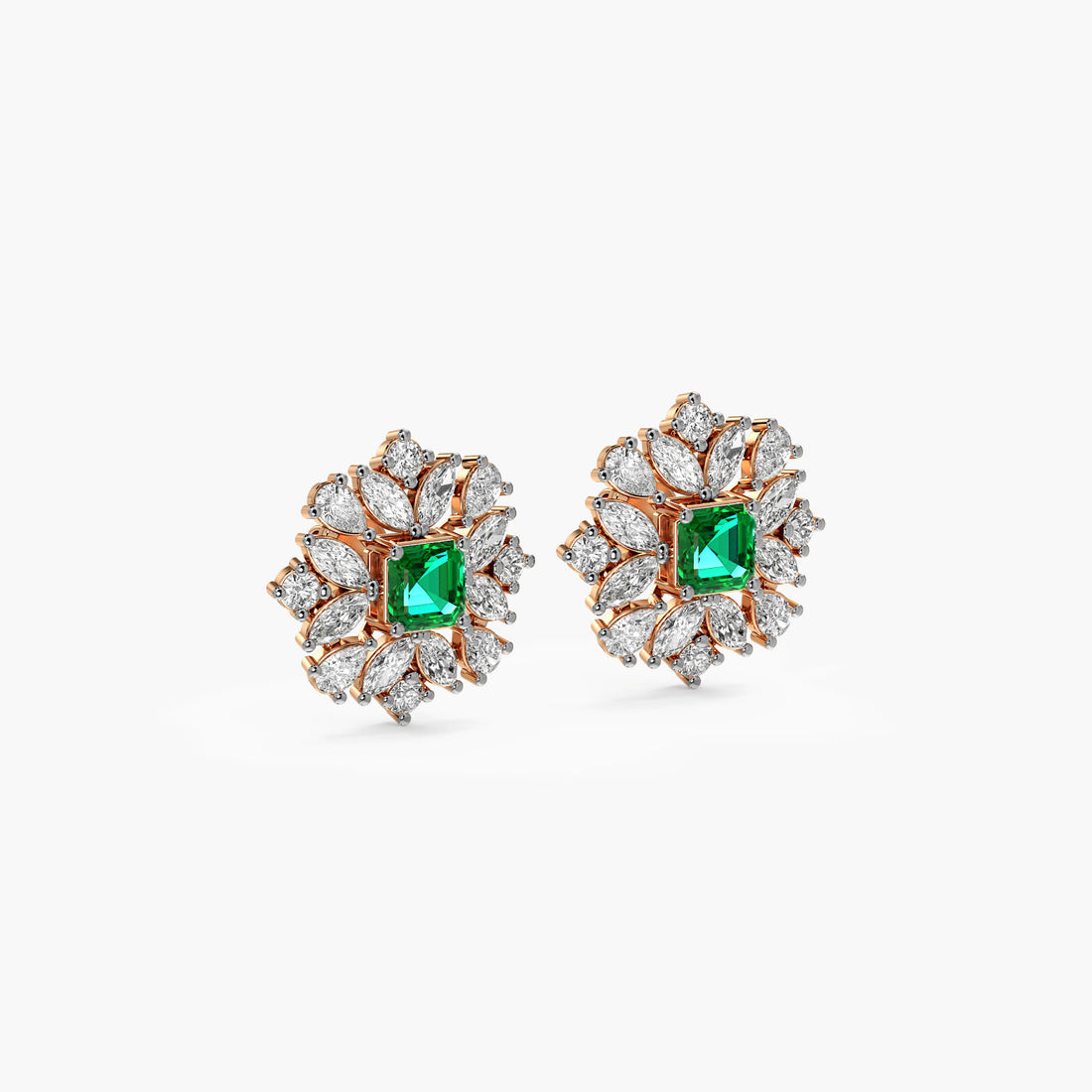 Green Bloom Stud Earrings - 3D View in Rose Gold - Diamond Earring by Moena