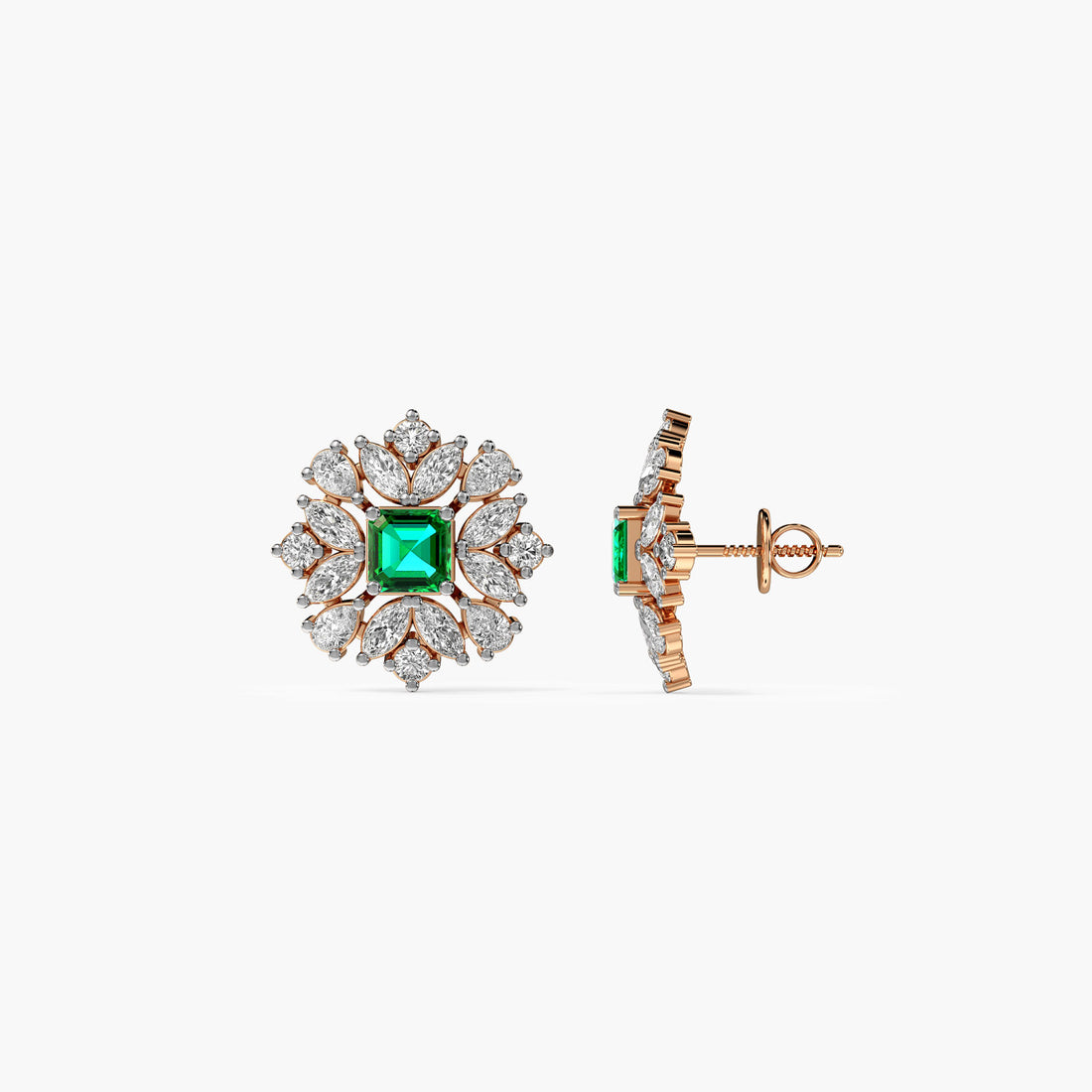 Green Bloom Stud Earrings - Side View in Rose Gold - Diamond Earring by Moena