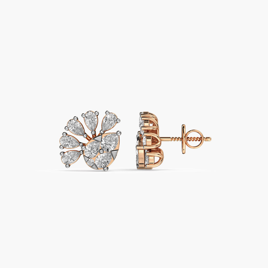 Floral Fan Studs in Gold - Side View in Rose Gold - Diamond Stud by Moena
