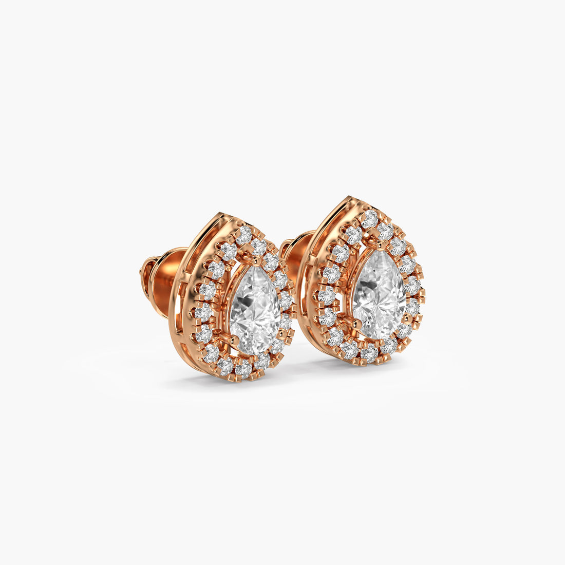 Pear Halo Stud Earrings - 3D View in Rose Gold - Pear Diamond Earring by Moena
