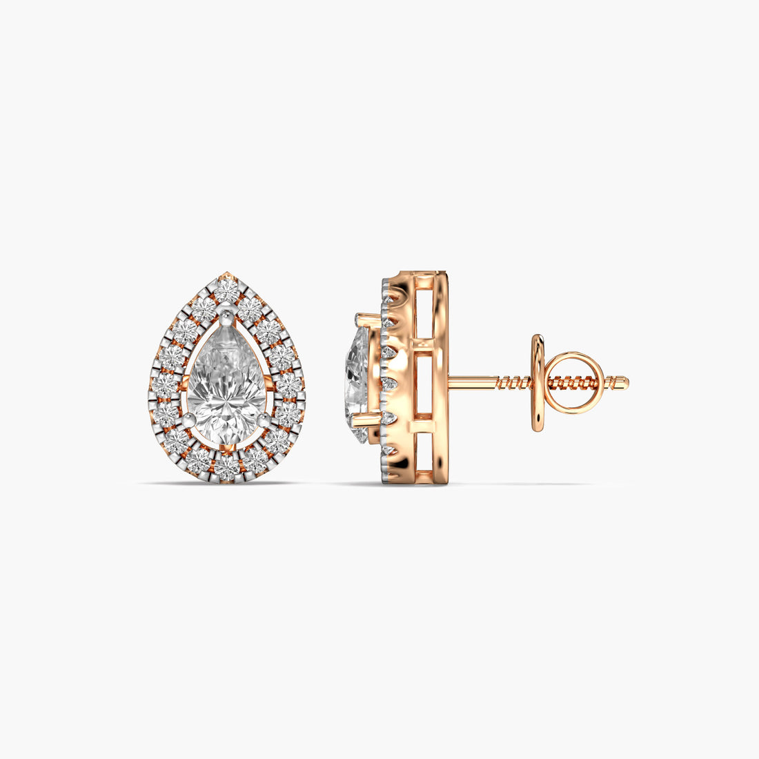 Pear Halo Stud Earrings - Side View in Rose Gold - Pear Diamond Earring by Moena