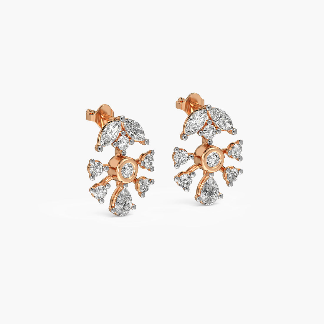 Snowflake Inspired Stud Earrings - 3D View in Rose Gold - Diamond Earring by Moena