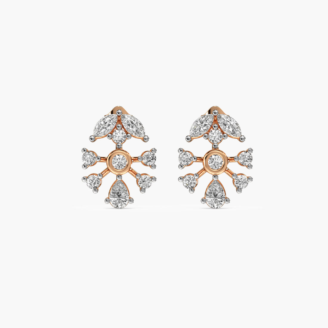Snowflake Inspired Stud Earrings - Front View in Rose Gold - Diamond Earring by Moena