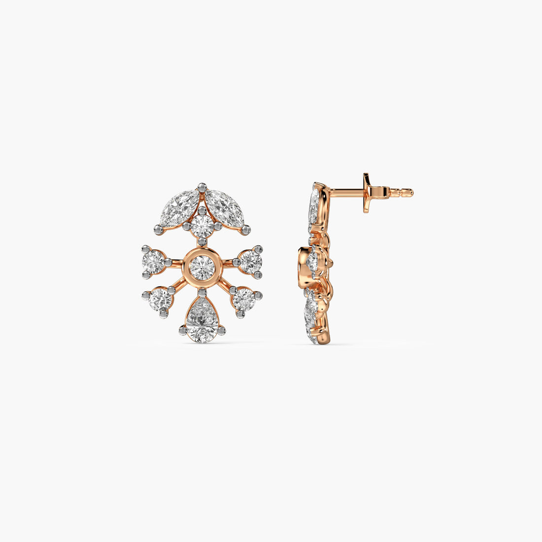 Snowflake Inspired Stud Earrings - Side View in Rose Gold - Diamond Earring by Moena