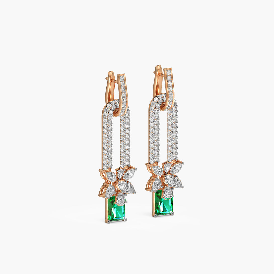 Emerald Drop Floral Danglers - 3D View in Rose Gold - Emerald Diamond Jewellery by Moena