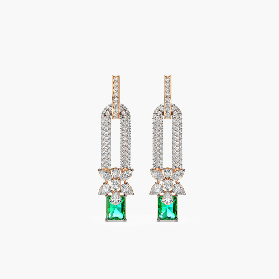 Emerald Drop Floral Danglers - Front View in Rose Gold - Emerald Diamond Jewellery by Moena