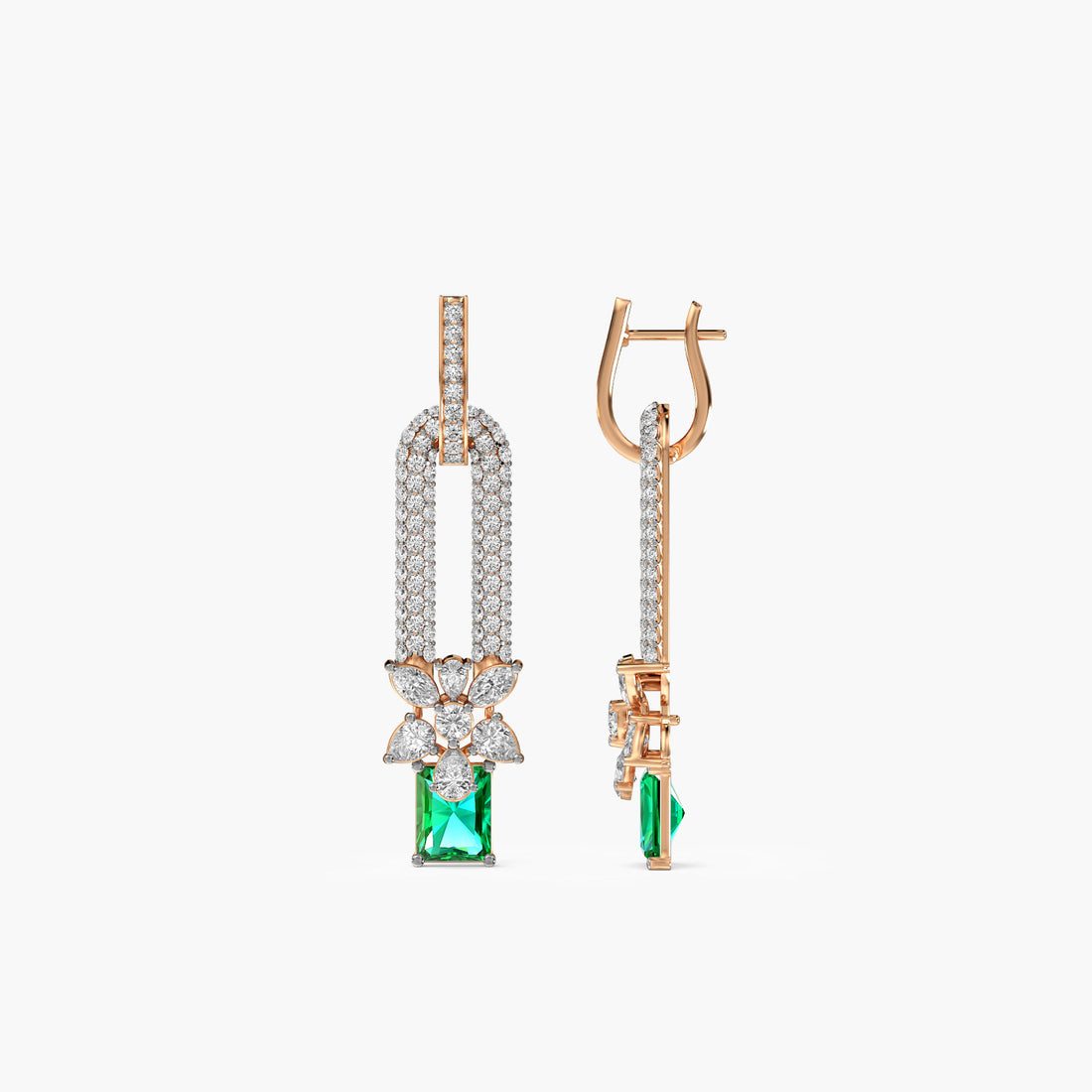 Emerald Drop Floral Danglers - Side View in Rose Gold - Emerald Diamond Jewellery by Moena
