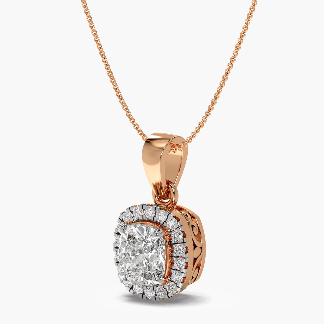 Cushion Halo Diamond Pendant - 3D View in Rose Gold - Cushion Diamond Pendant by Moena