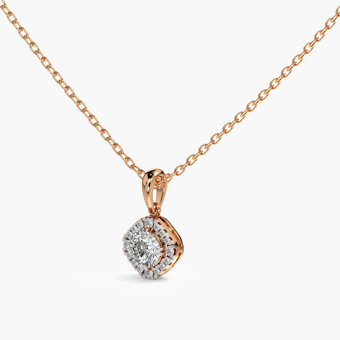 Cushion Halo Lab-Grown Diamond Necklace(With Chain) - 3D View in Rose Gold - Cushion Diamond Pendant by Moena
