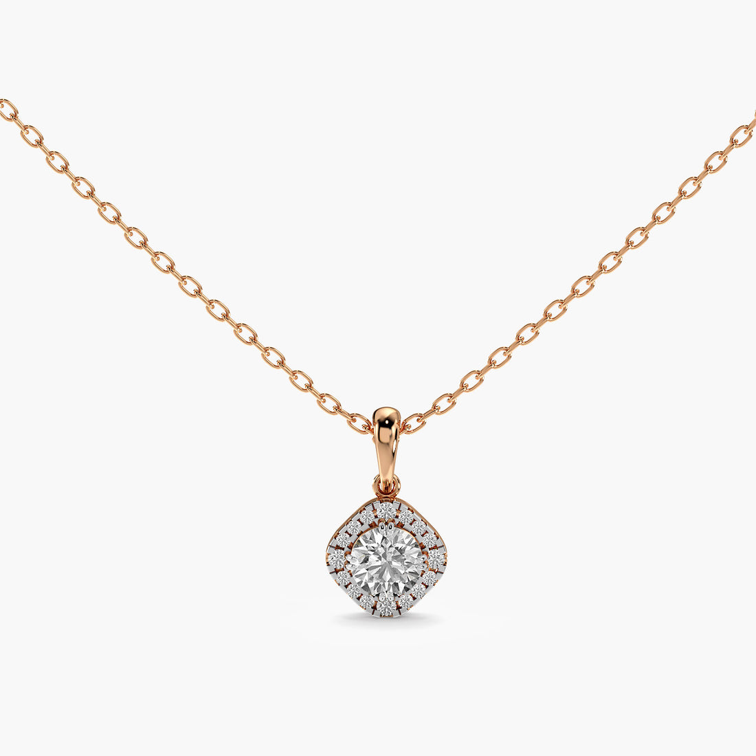 Cushion Halo Lab-Grown Diamond Necklace(With Chain) - Standard View in Rose Gold - Cushion Diamond Pendant by Moena
