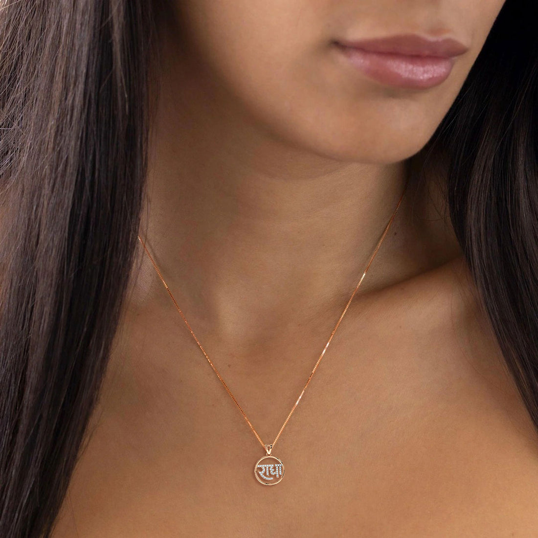 Radha Name Lab-Grown Diamond Pendant - Model View in Rose Gold - Diamond Pendant by Moena