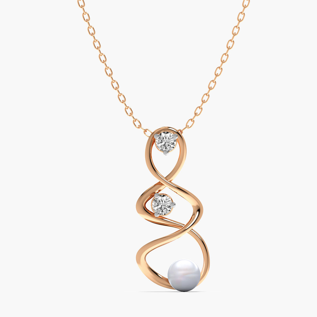 Infinity Pearl and Diamond Pendant(With Chain) - Front View in Rose Gold - Diamond Pendant by Moena