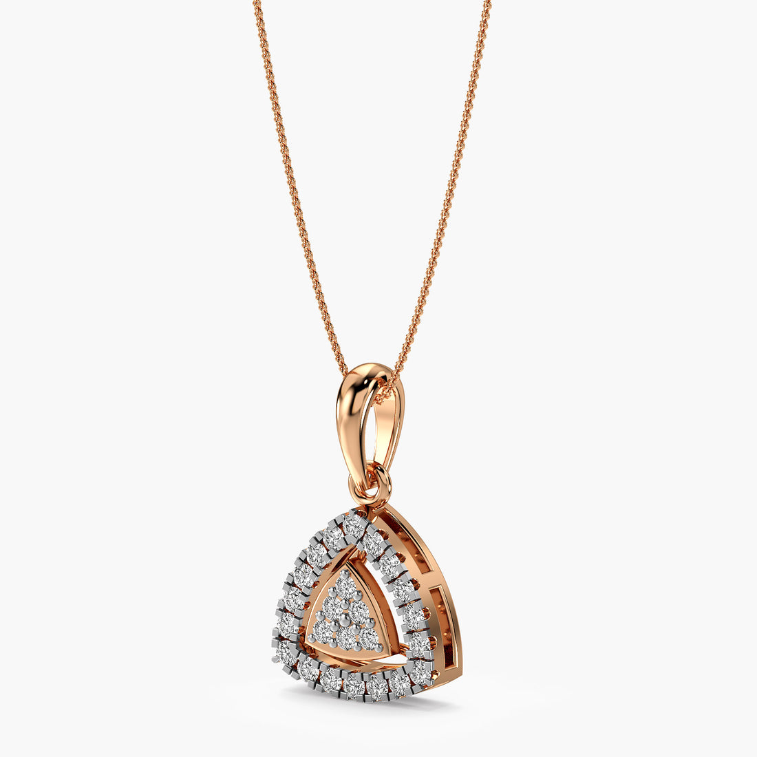 Triangular Halo Diamond Pendant - 3D View in Rose Gold - Diamond Pendant by Moena