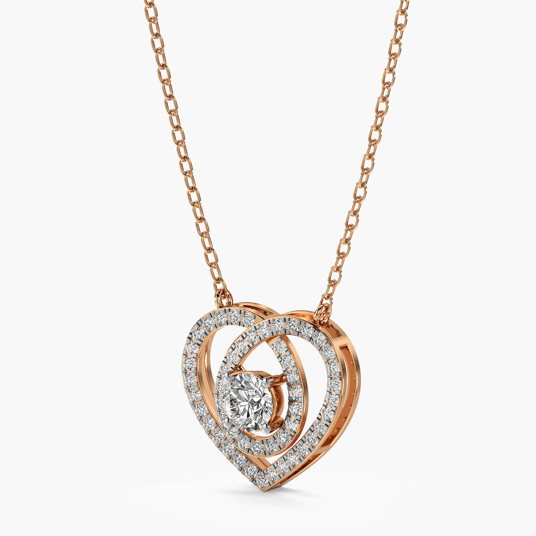Double Heart Diamond Pendant - 3D View in Rose Gold - Heart Diamond Pendant by Moena