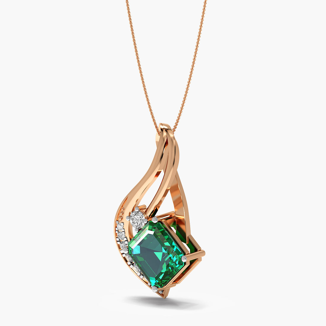 Emerald and Lab-Grown Diamond Pendant - 3D View in Rose Gold - Emerald Diamond Pendant by Moena