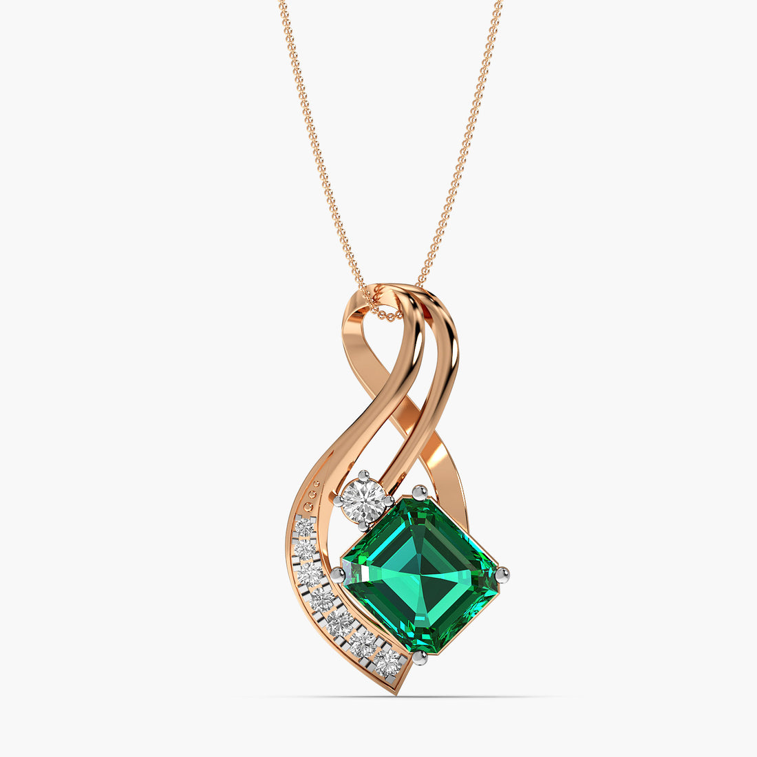 Emerald and Lab-Grown Diamond Pendant - Front View in Rose Gold - Emerald Diamond Pendant by Moena