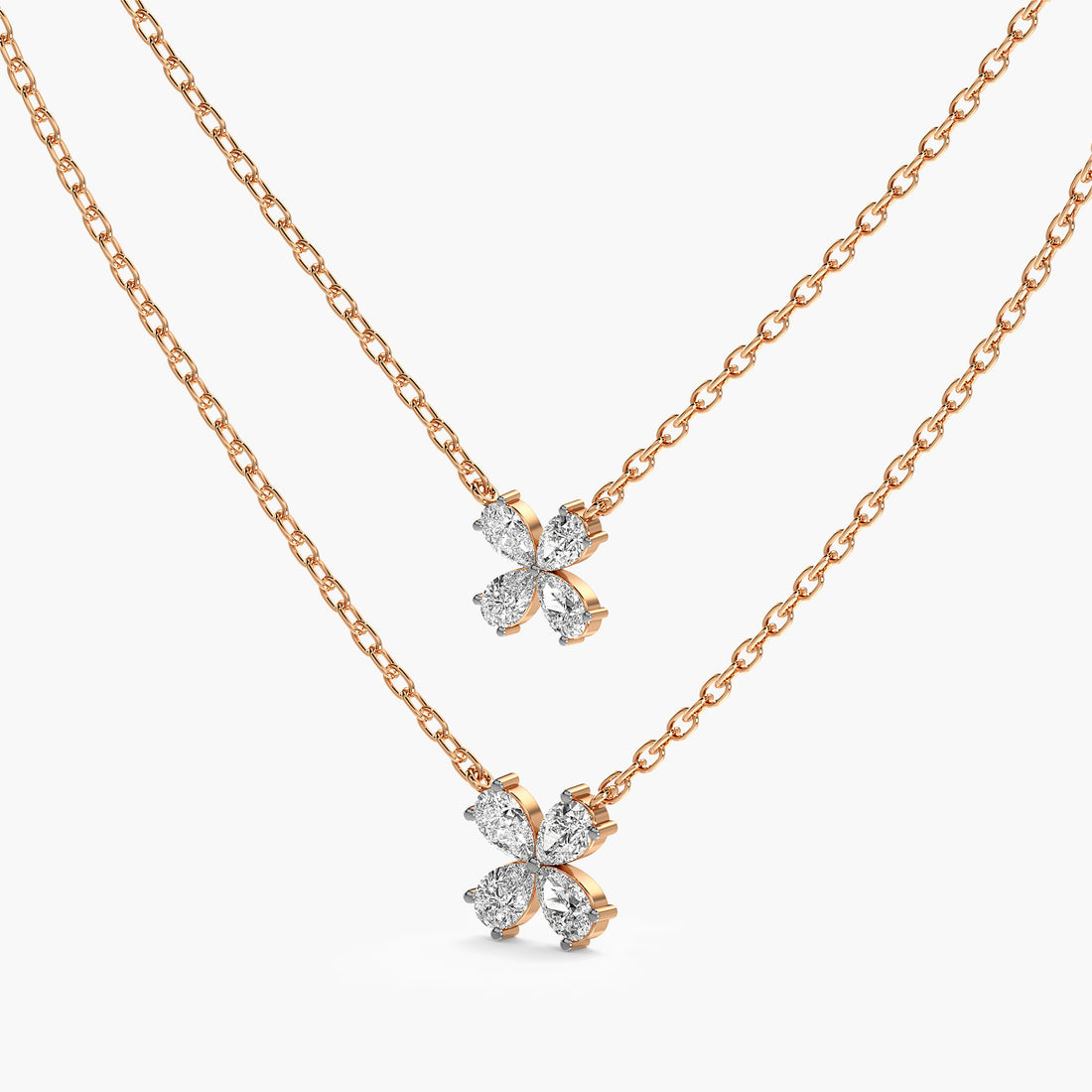Twin Bloom Necklace (With Chain) - 3D View in Rose Gold - Diamond Pendant by Moena